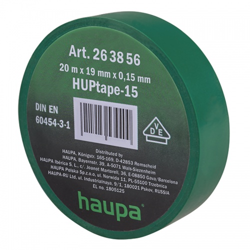 Изолента ПВХ зеленая 19 мм х 20 м HAUPA 263856